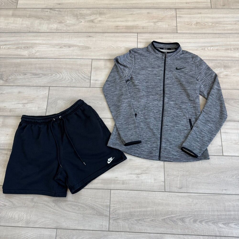 Nike Women's lot of 2 Athletic Set: Grey Heathered Full Zip Jacket & Black Short